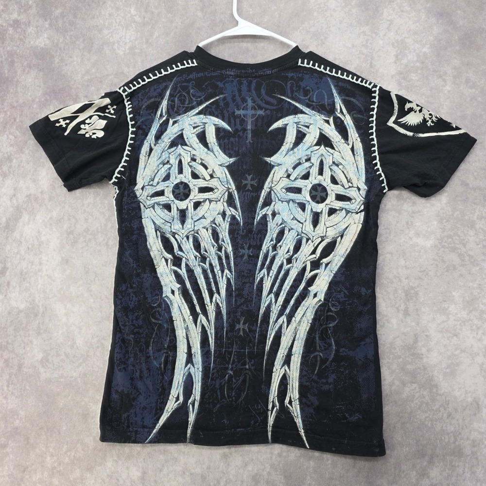 Raw State Premium Mens S Y2K Black Gothic Cross Angel Wings Whipstitch V-Neck
